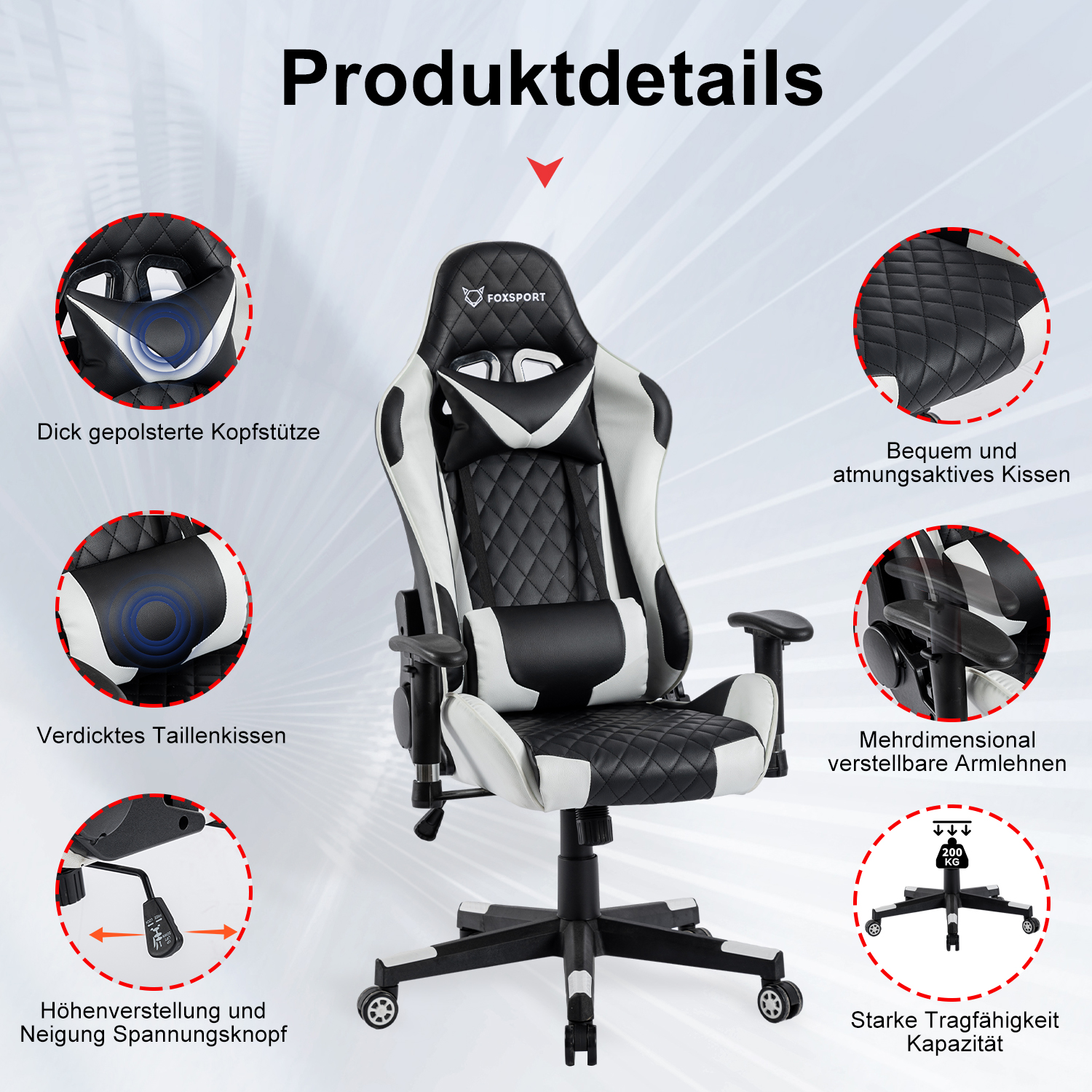Gaming-Stuhl mit weißem und schwarzem Design und beschrifteten Teilen auf Deutsch.