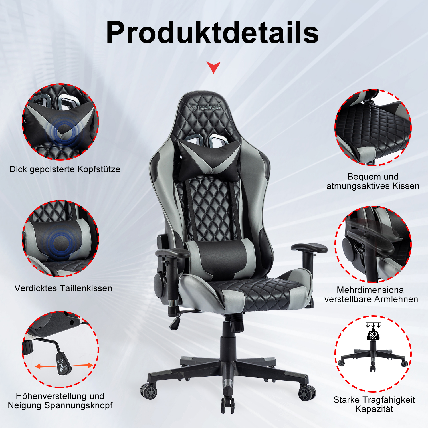 Una silla gaming negra y gris. Tiene reposacabezas, soporte lumbar y reposabrazos. El fondo es blanco.