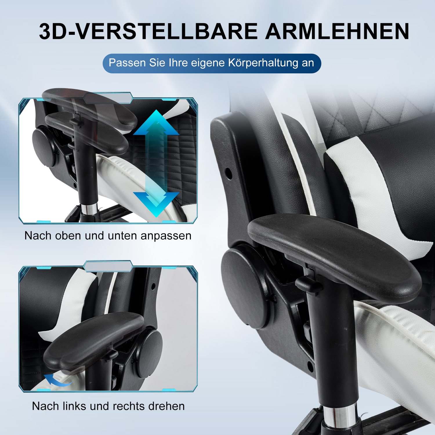 Nahaufnahme einer verstellbaren Armlehne eines Gaming-Stuhls. Die Einstellungen werden mit Pfeilen gezeigt.
