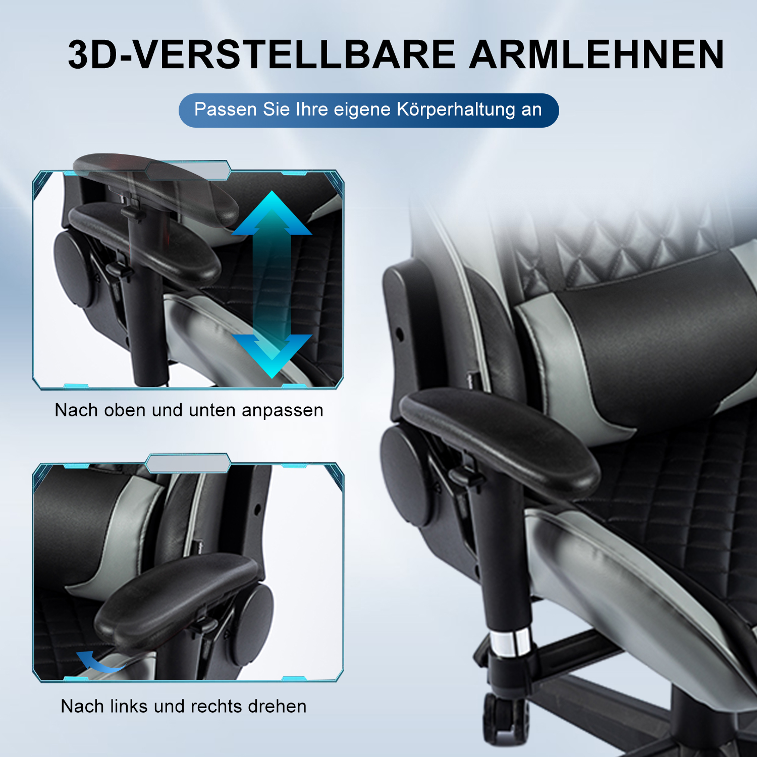 Silla gaming con reposabrazos ajustables, mostrando ajustes arriba/abajo e izquierda/derecha.