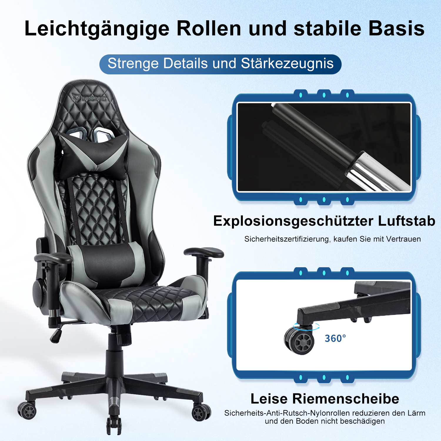 Silla gaming con detalles. Secciones muestran las características de la silla, incluidas ruedas y reposabrazos.