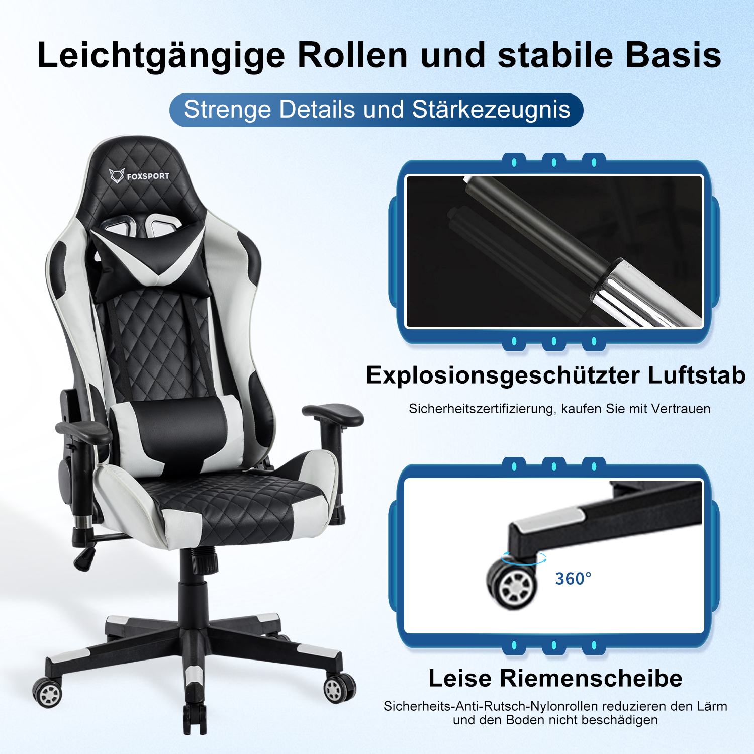 Gaming-Stuhl: Schwarz und Weiß mit Rautenmuster und unterstützendem Design.