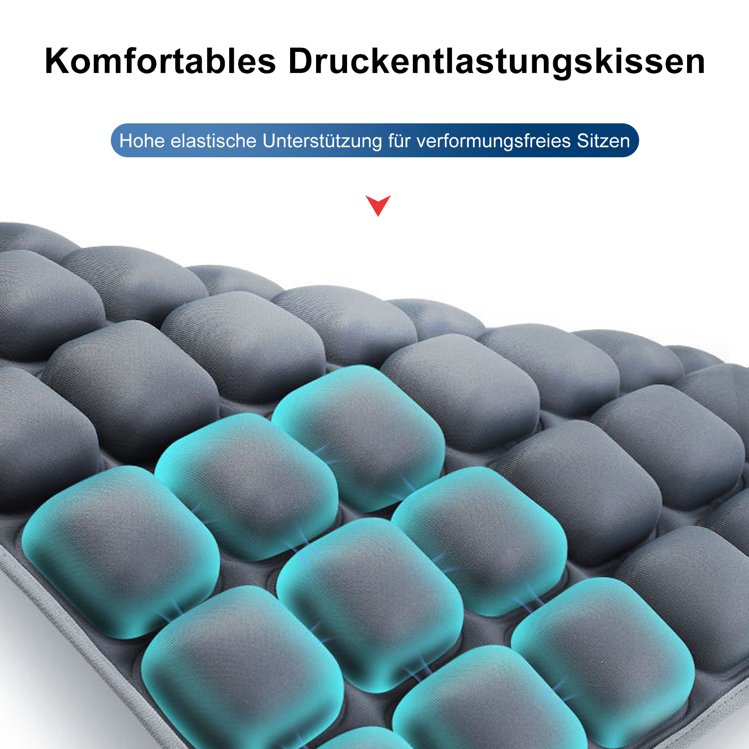 Nahaufnahme eines grauen Kissens mit blau hervorgehobenen Bereichen, mit deutschem Text über Druckentlastung.