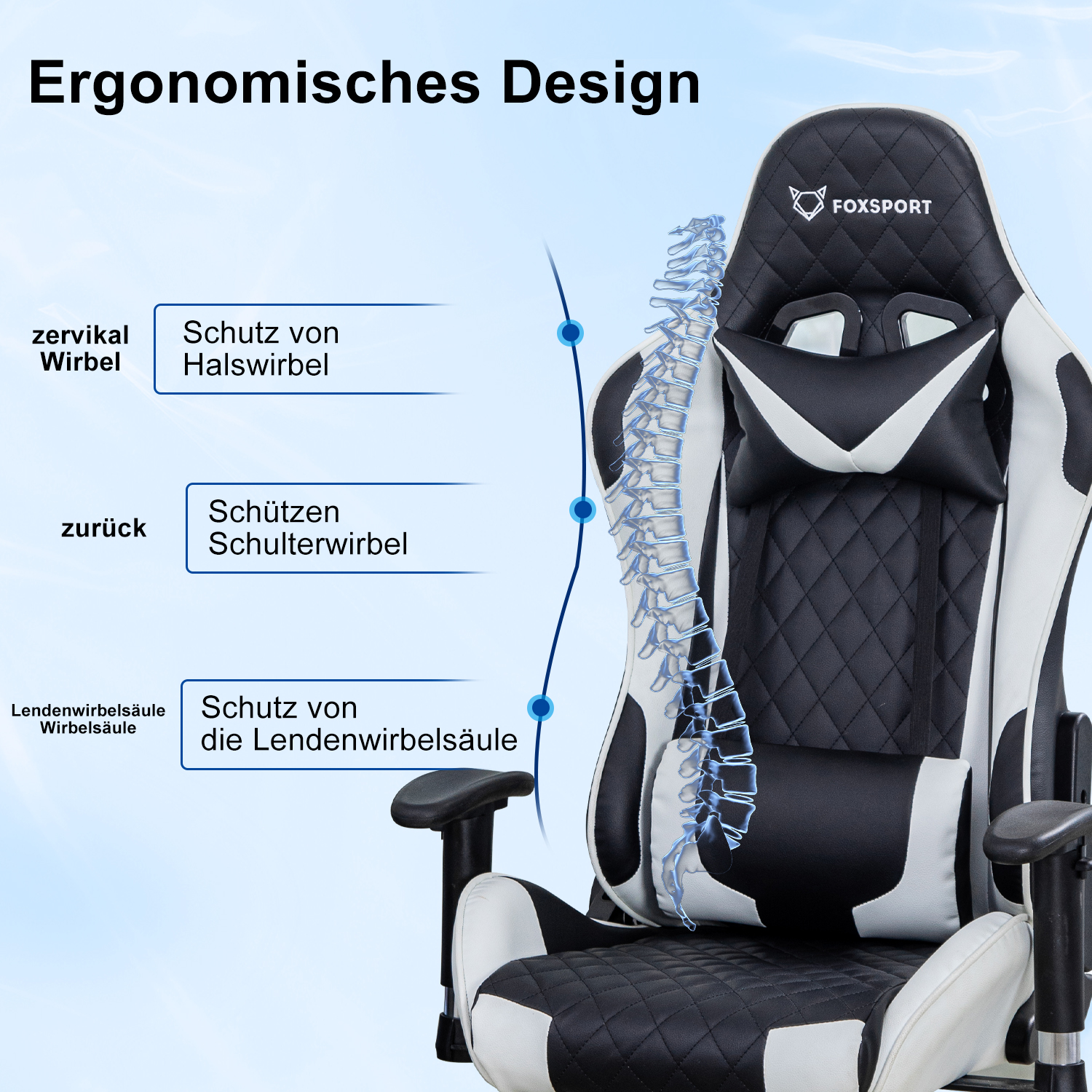 Ein ergonomischer Gaming-Stuhl in Schwarz und Weiß, der Wirbelsäulenstützzonen mit Text hervorhebt.
