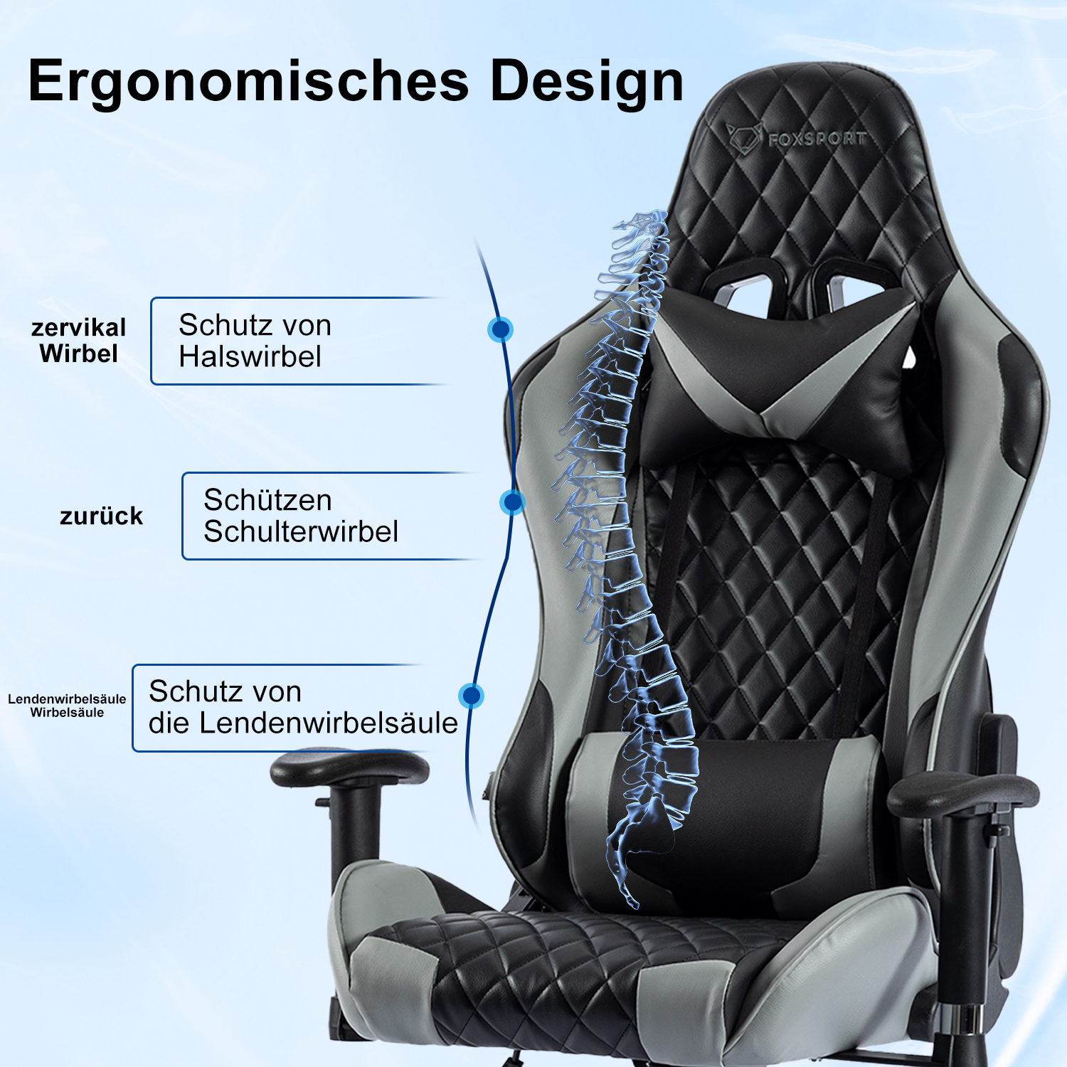Silla gaming ergonómica con diseño negro y gris. Texto etiqueta el soporte espinal.