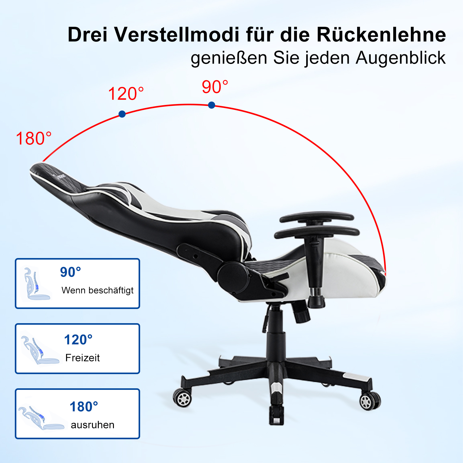 Gaming-Stuhl. Zeigt die 3 Modi der Rückenlehnenverstellung: 90, 120 und 180 Grad.