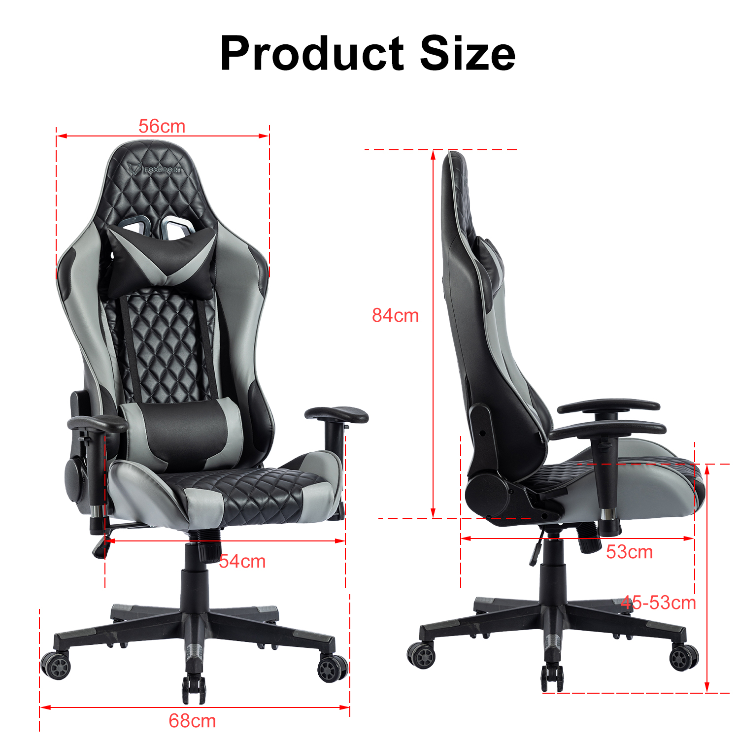 Dimensiones de la silla gaming, con medidas en centímetros. Diseño gris y negro.
