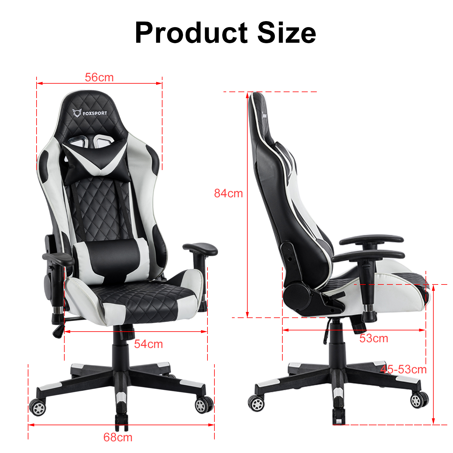 Schwarz-weißer Gaming-Stuhl mit Maßen. Der Stuhl steht auf einem schwarzen Sockel mit Rädern.