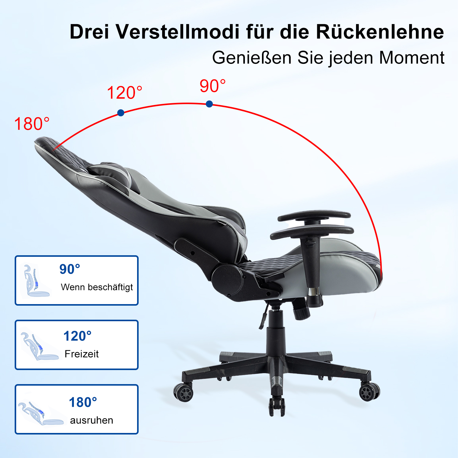 Silla gaming ergonómica que muestra los ajustes del respaldo a 90, 120 y 180 grados.