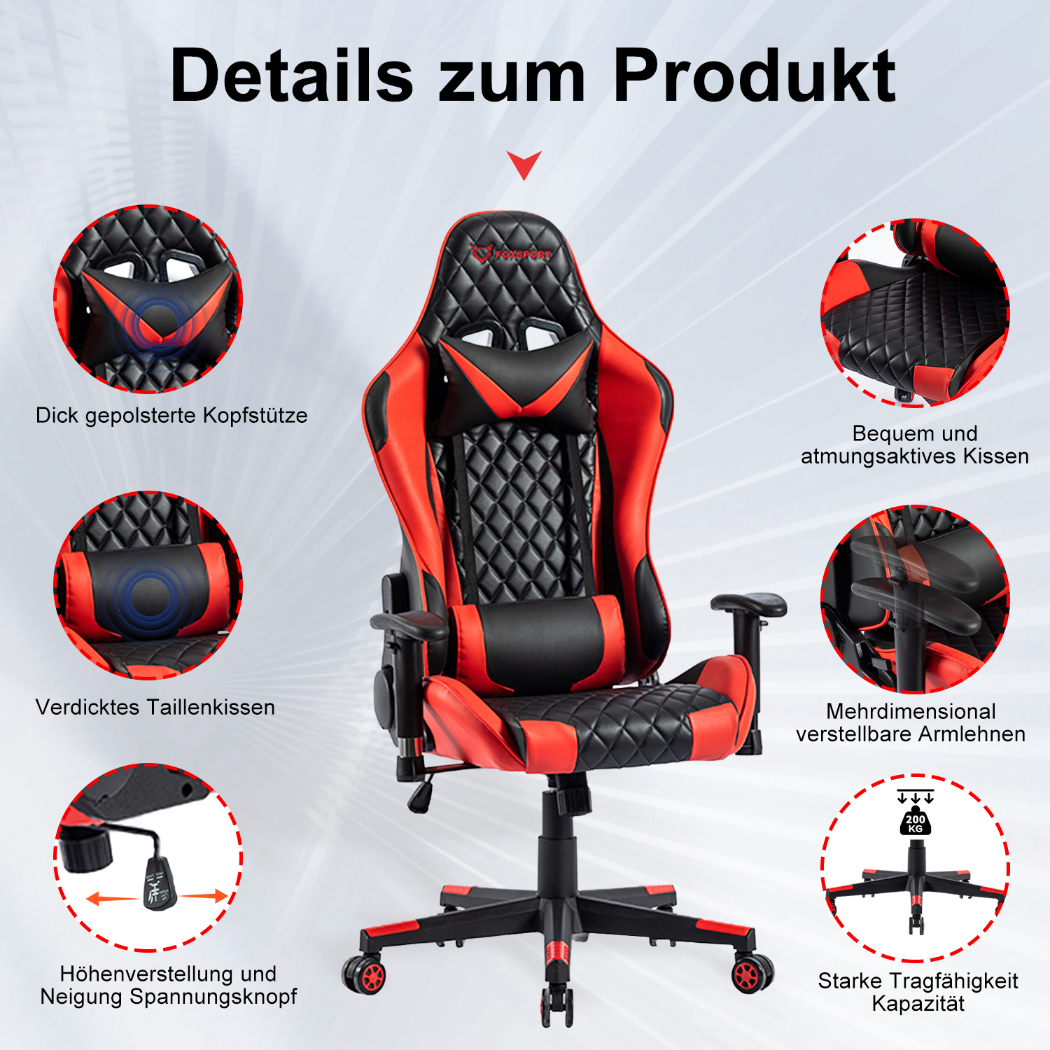 Silla gaming negra y roja con vistas detalladas de reposacabezas, cojín y reposabrazos.