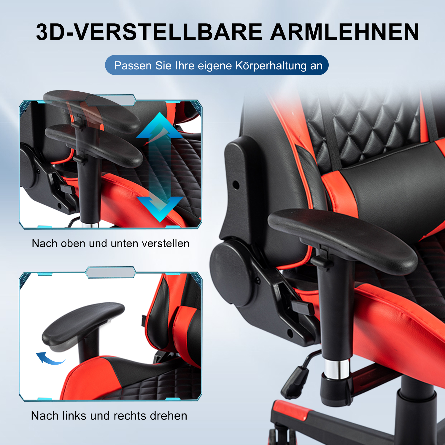 Silla gaming con detalles en rojo y negro, reposabrazos ajustables e instrucciones.