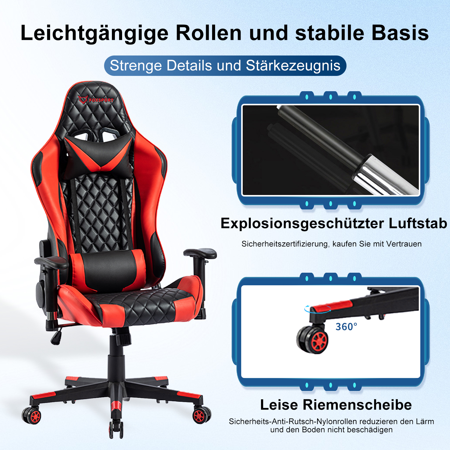 Silla gamer roja y negra con detalles de sus características y componentes.