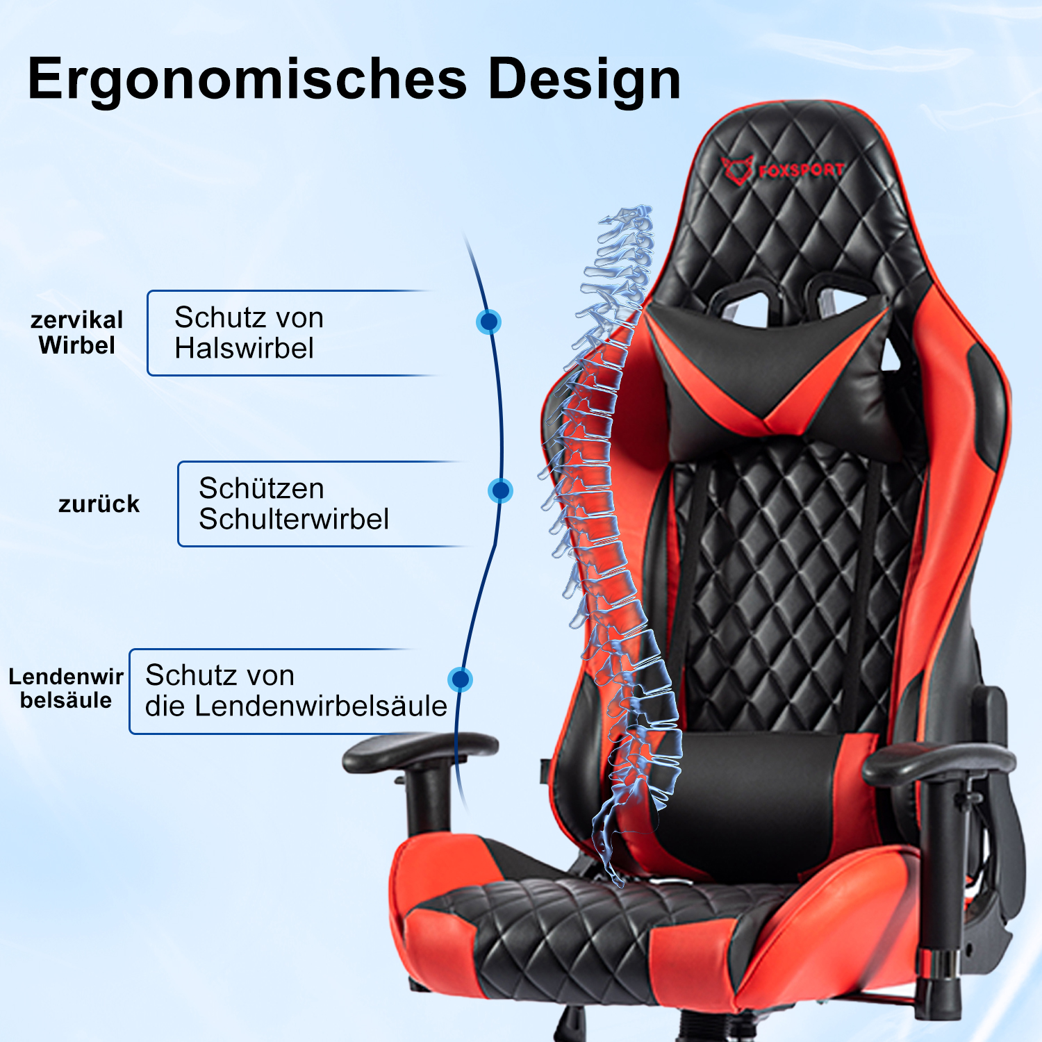 Silla gamer de diseño ergonómico. Tiene una combinación de colores rojo y negro y un diagrama de la columna.