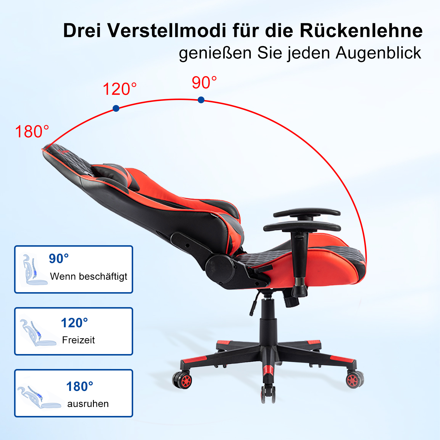 Una silla gamer roja y negra con tres posiciones de respaldo: 90, 120 y 180 grados.