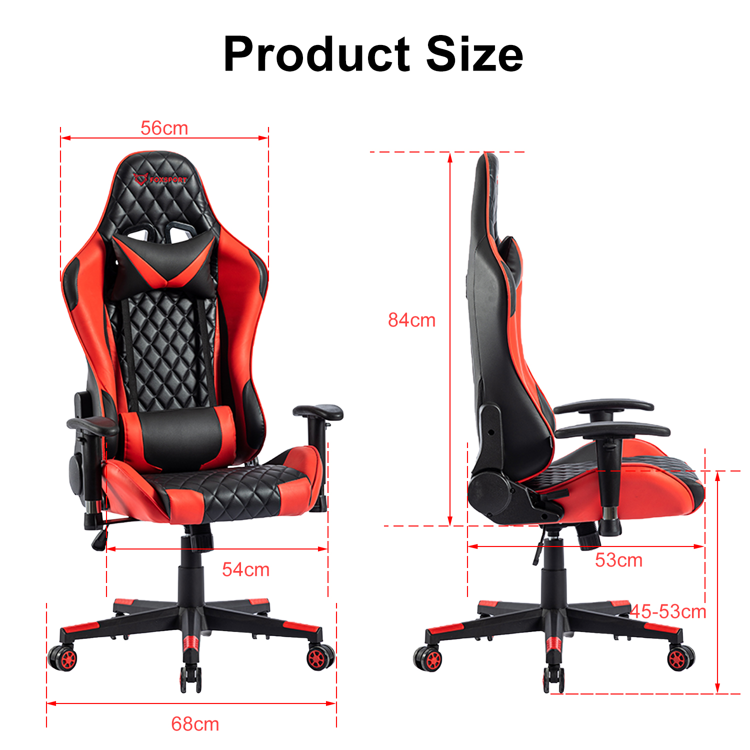 Una silla gamer roja y negra con dimensiones etiquetadas. La silla tiene una base negra con ruedas rojas.