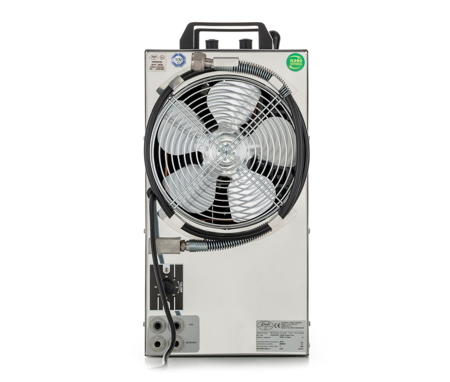 Unité de refroidissement industrielle argent et noir avec ventilateur sur fond blanc.