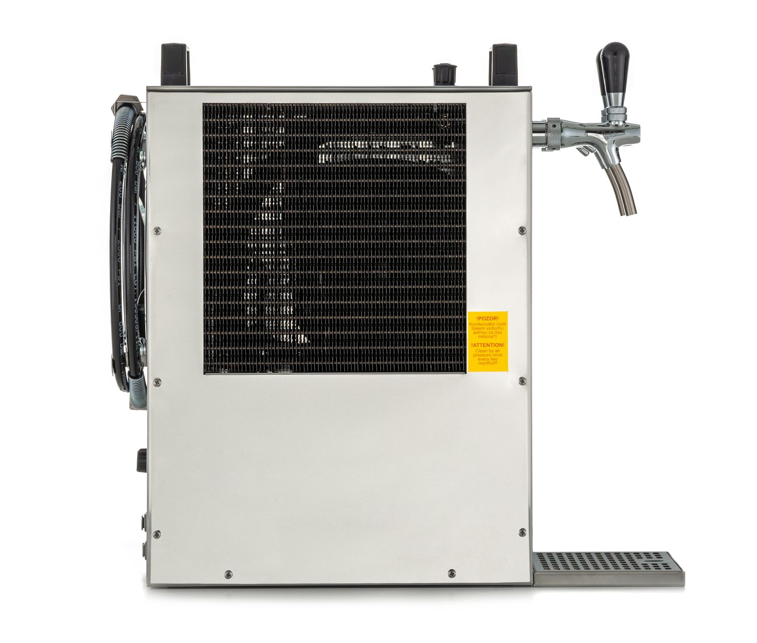 Refroidisseur de tireuse à bière en acier inoxydable avec poignée noire. Comprend un serpentin de refroidissement et un ventilateur.