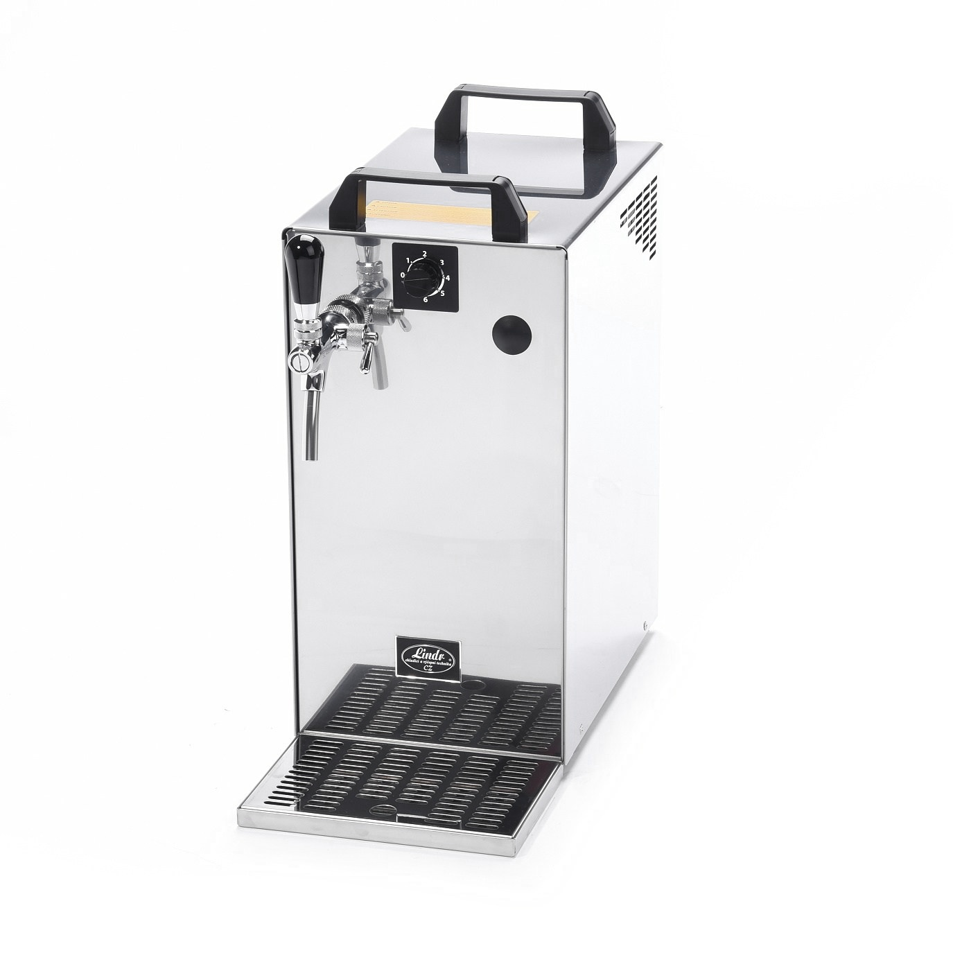 Roestvrijstalen biertap. Eén kraan, een lekbak en een bedieningspaneel.