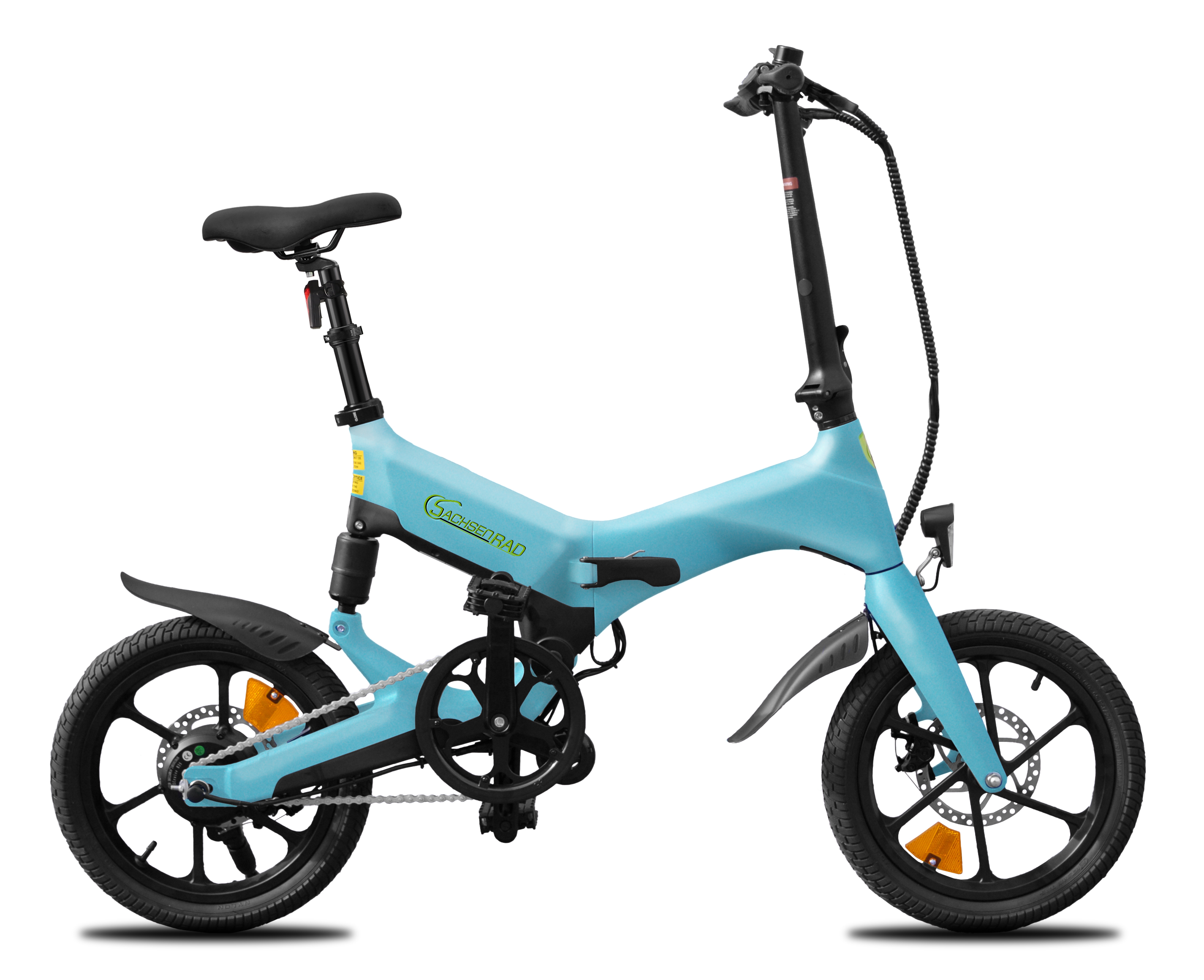 Hellblaues, zusammenklappbares Elektrofahrrad. Es hat schwarze Räder und einen Sitz.