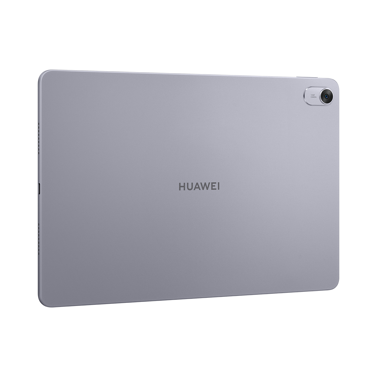 Srebrny tablet z napisem "HUAWEI" z tyłu, białe tło.