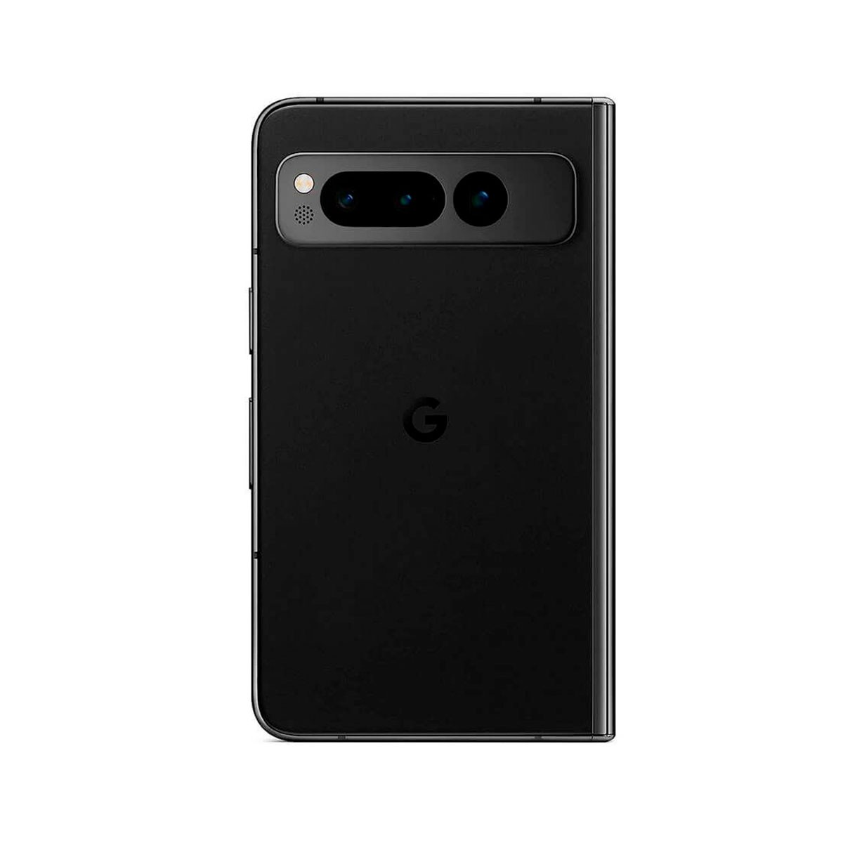 Zamknięty czarny telefon Google Pixel Fold, pokazujący tył z aparatem i logo.