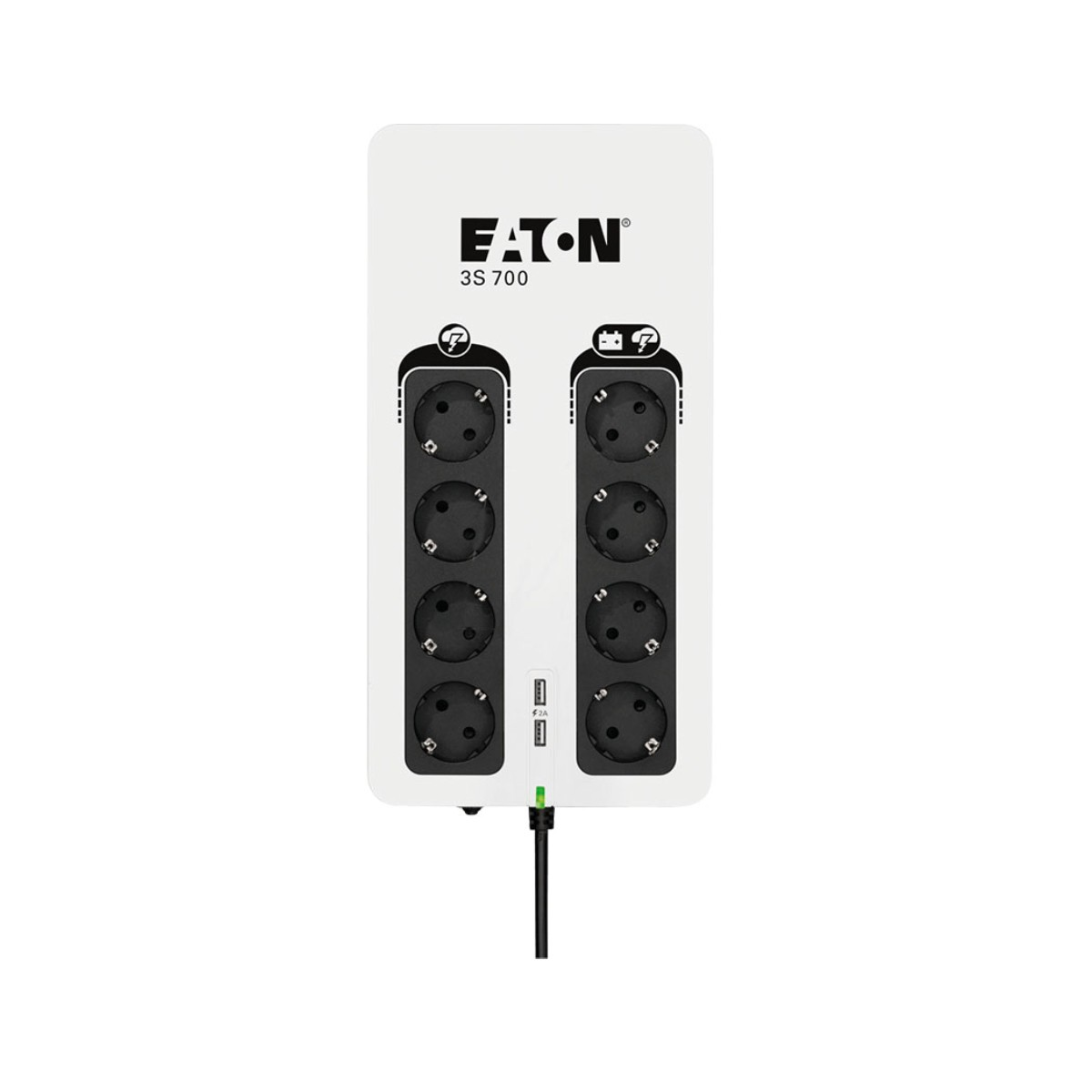 Una regleta Eaton 3S 700 UPS con múltiples enchufes y puertos USB.