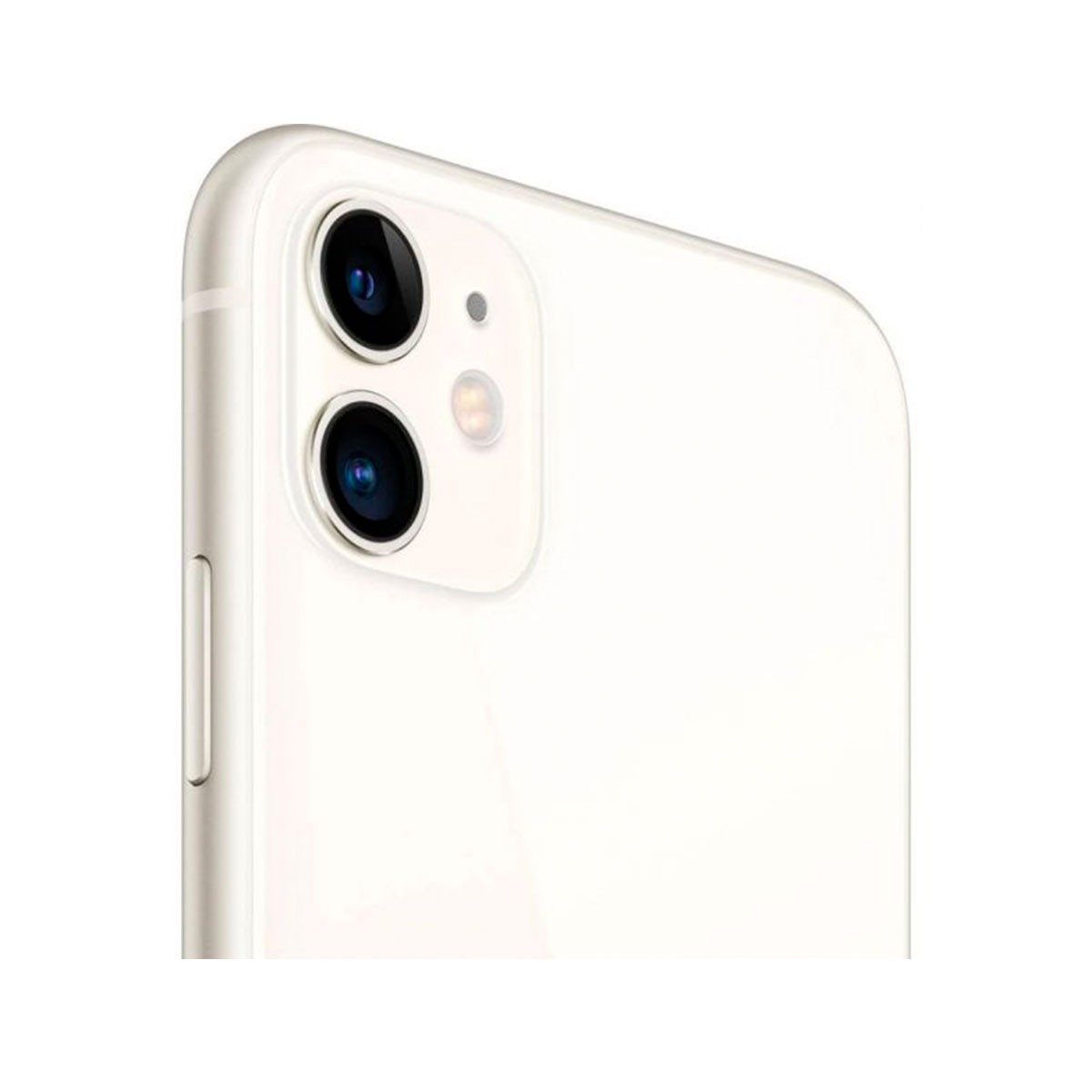 Primo piano del retro di un iPhone 11 bianco con doppia fotocamera.