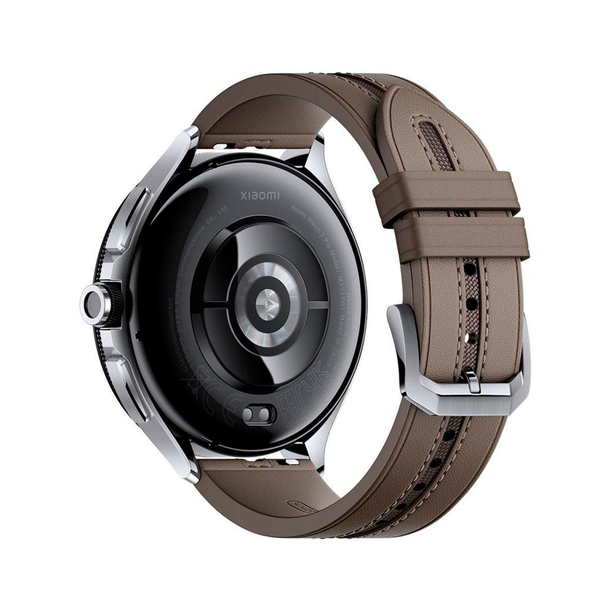 Een smartwatch met een bruine leren band. De achterkant toont het Xiaomi-logo en sensoren, met een zilveren rand.