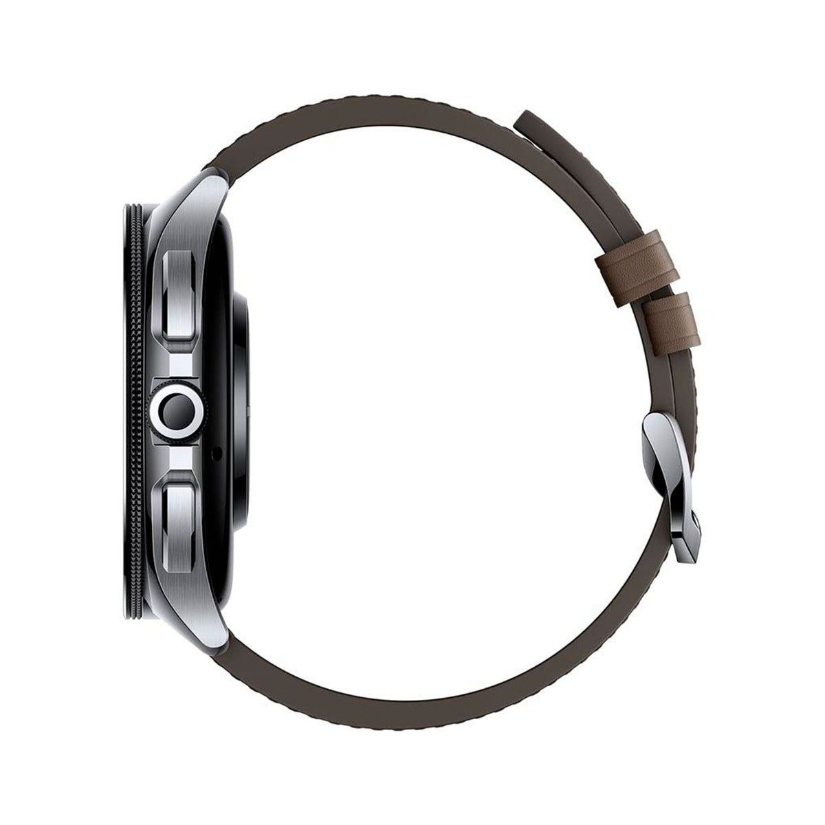 Zijaanzicht van een zilveren smartwatch met een bruine leren band.