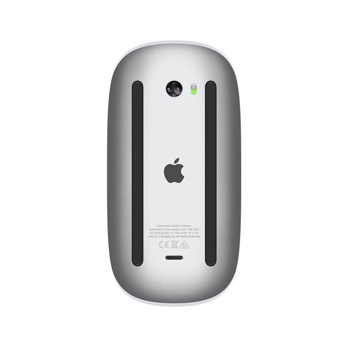 Srebrna mysz Apple Magic Mouse. Czarne logo Apple i dwa czarne paski z tyłu. Spód ma tekst i certyfikaty.
