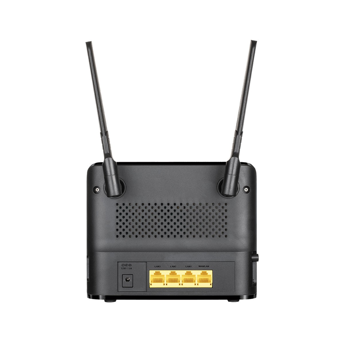 Router nero con due antenne e varie porte. Viene mostrato il retro del dispositivo.