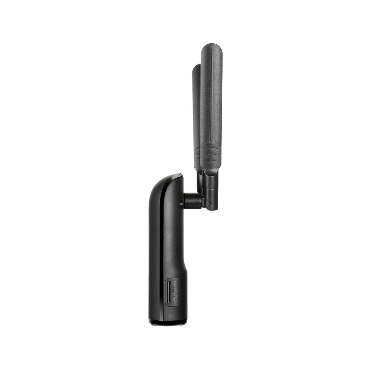 Antenna Wi-Fi nera, composta da una base e due antenne regolabili. Lo sfondo è bianco.