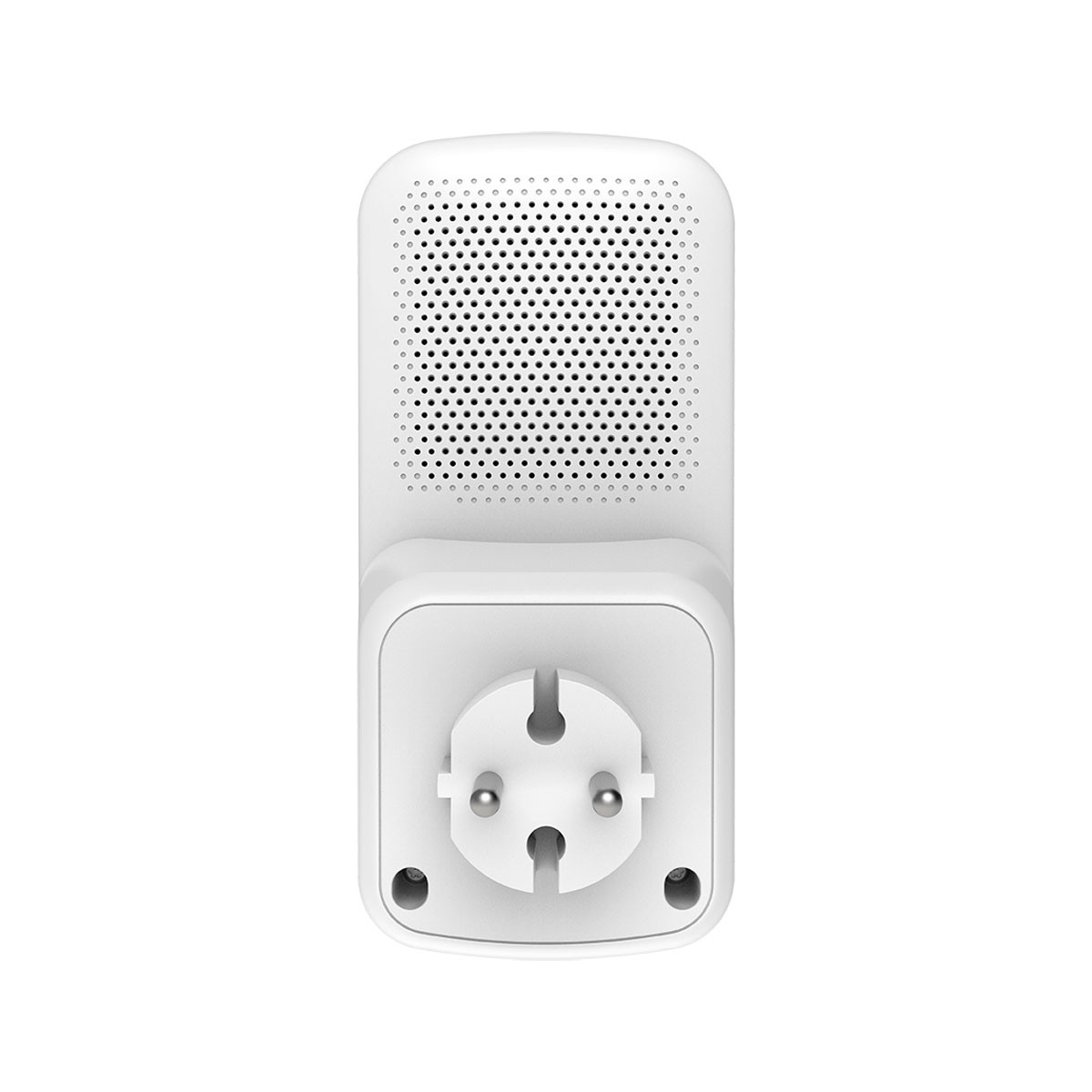 Biała inteligentna wtyczka z europejskim gniazdem i głośnikiem na górze.