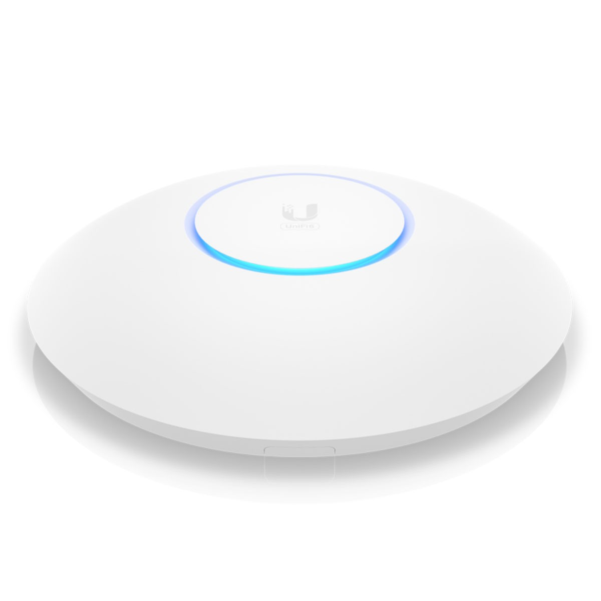 Biały, okrągły punkt dostępu montowany na suficie z niebieskim pierścieniem świetlnym.