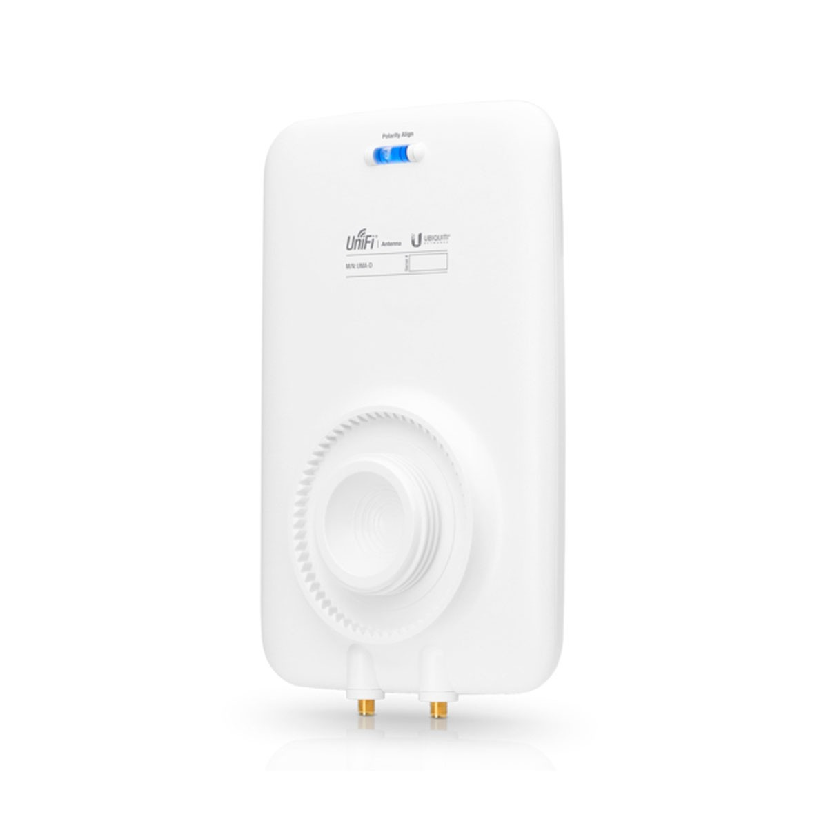 Biała antena Unifi. Ma dwa złote złącza z niebieskim światłem na górze.