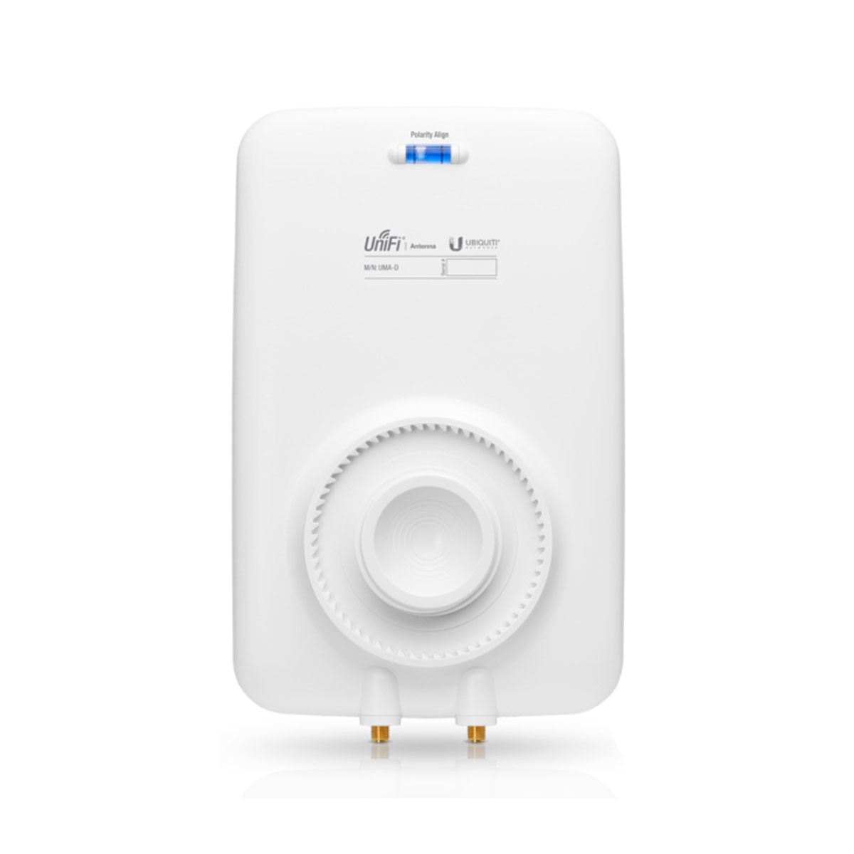 Biała antena z okrągłym wzorem i niebieskim światłem, na białym tle.