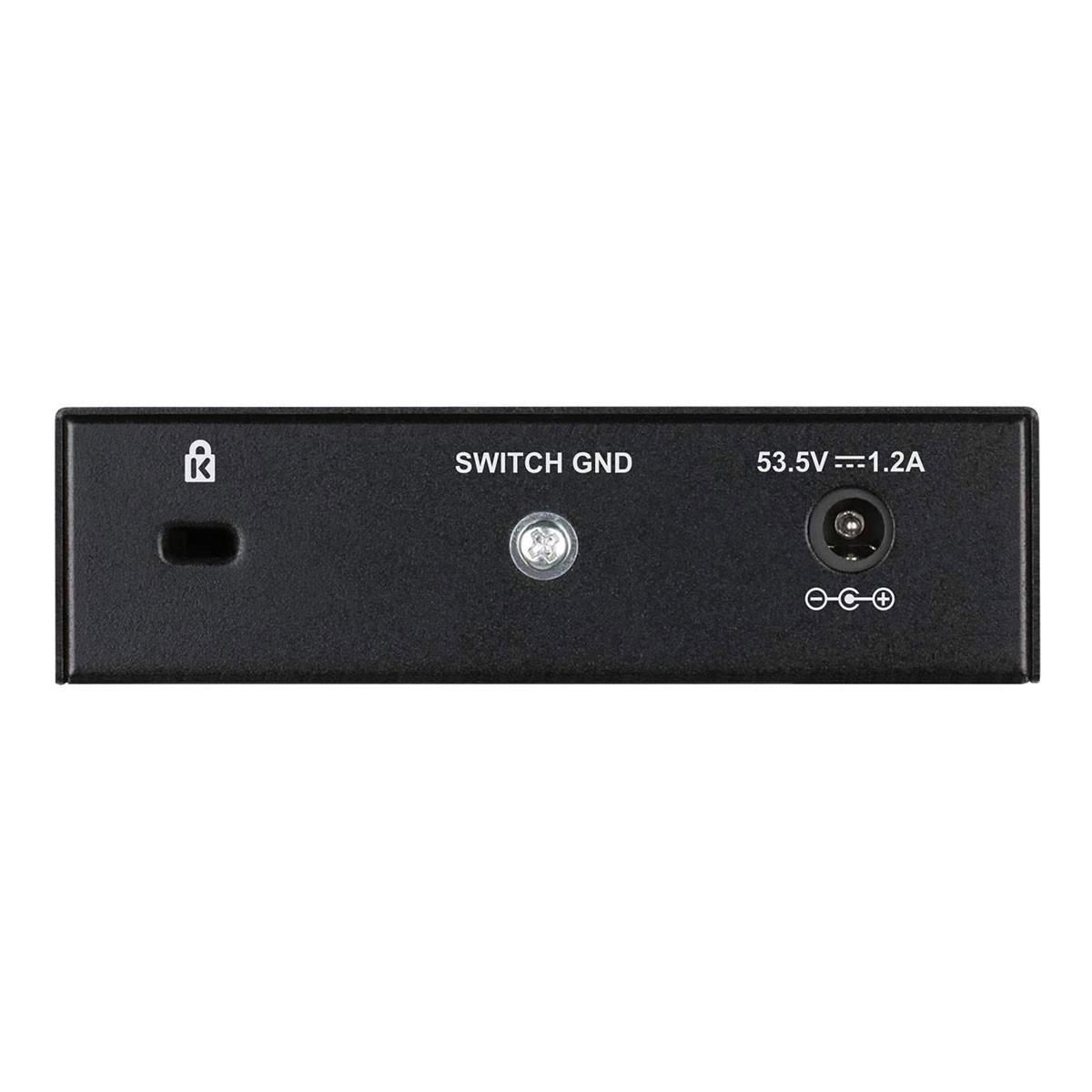Un dispositivo elettronico nero con porte ed etichette, tra cui 'SWITCH GND' e '53.5V=1.2A'.