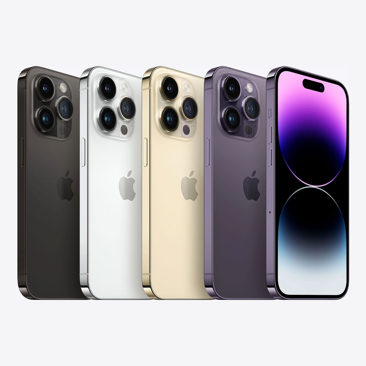Pięć iPhone'ów w różnych kolorach. Każdy ma system aparatów i logo Apple.