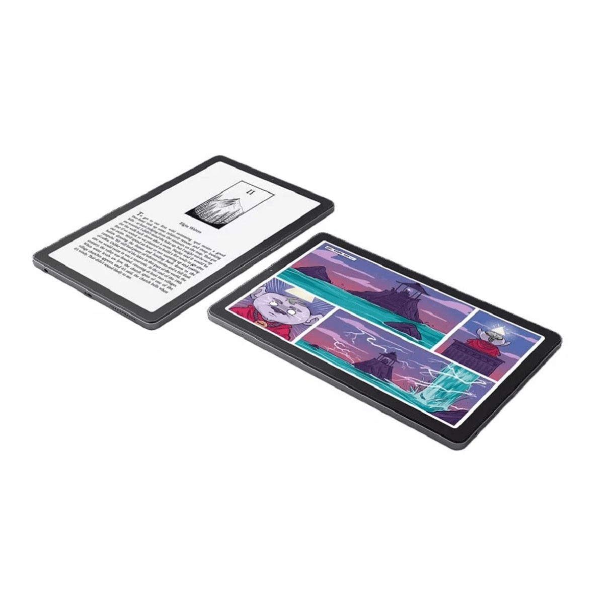 Czytniki e-booków, jeden otwarty. Oba czarne z białymi ekranami, wyświetlają tekst i komiksy.