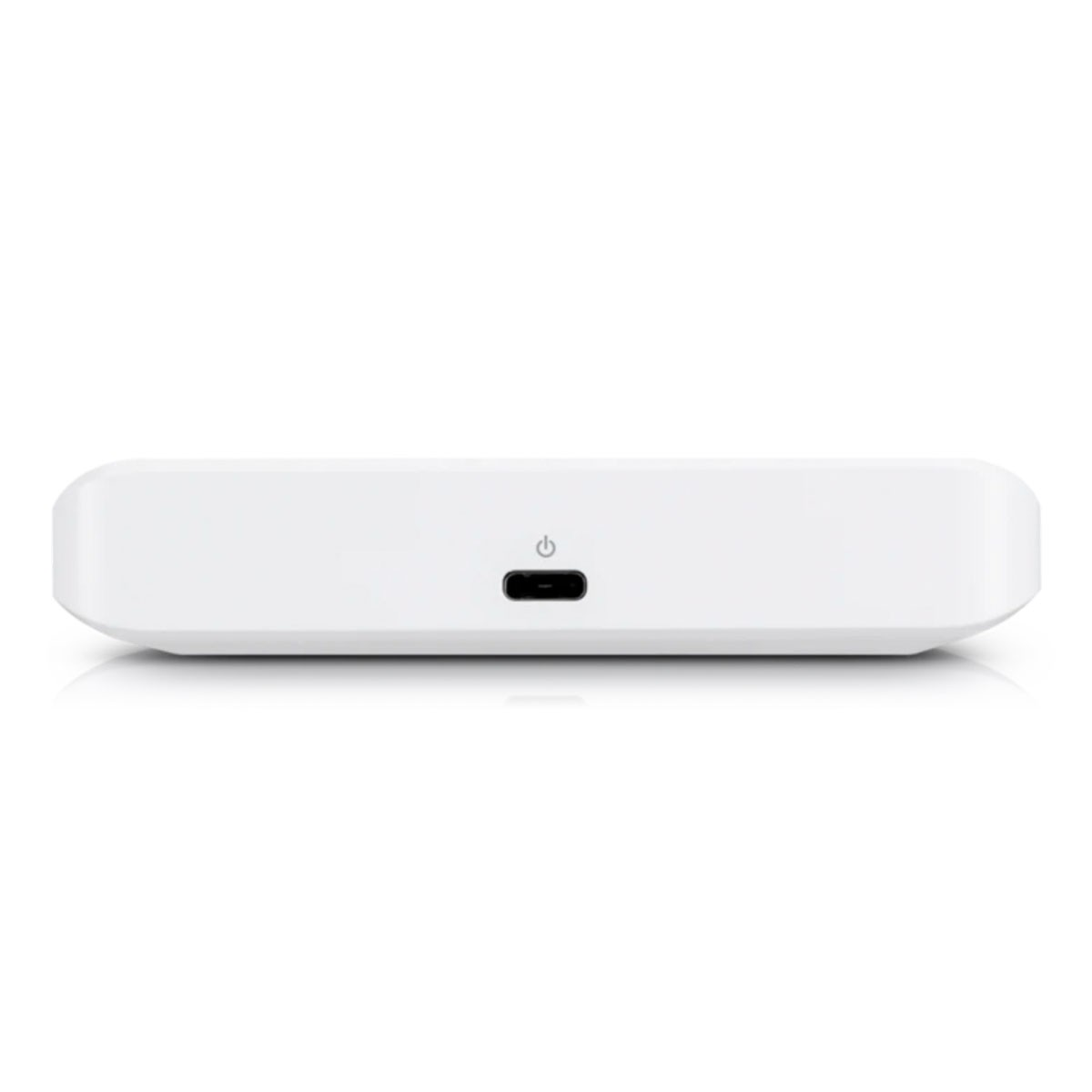 Białe, prostokątne urządzenie z przyciskiem zasilania i portem USB-C, białe tło.