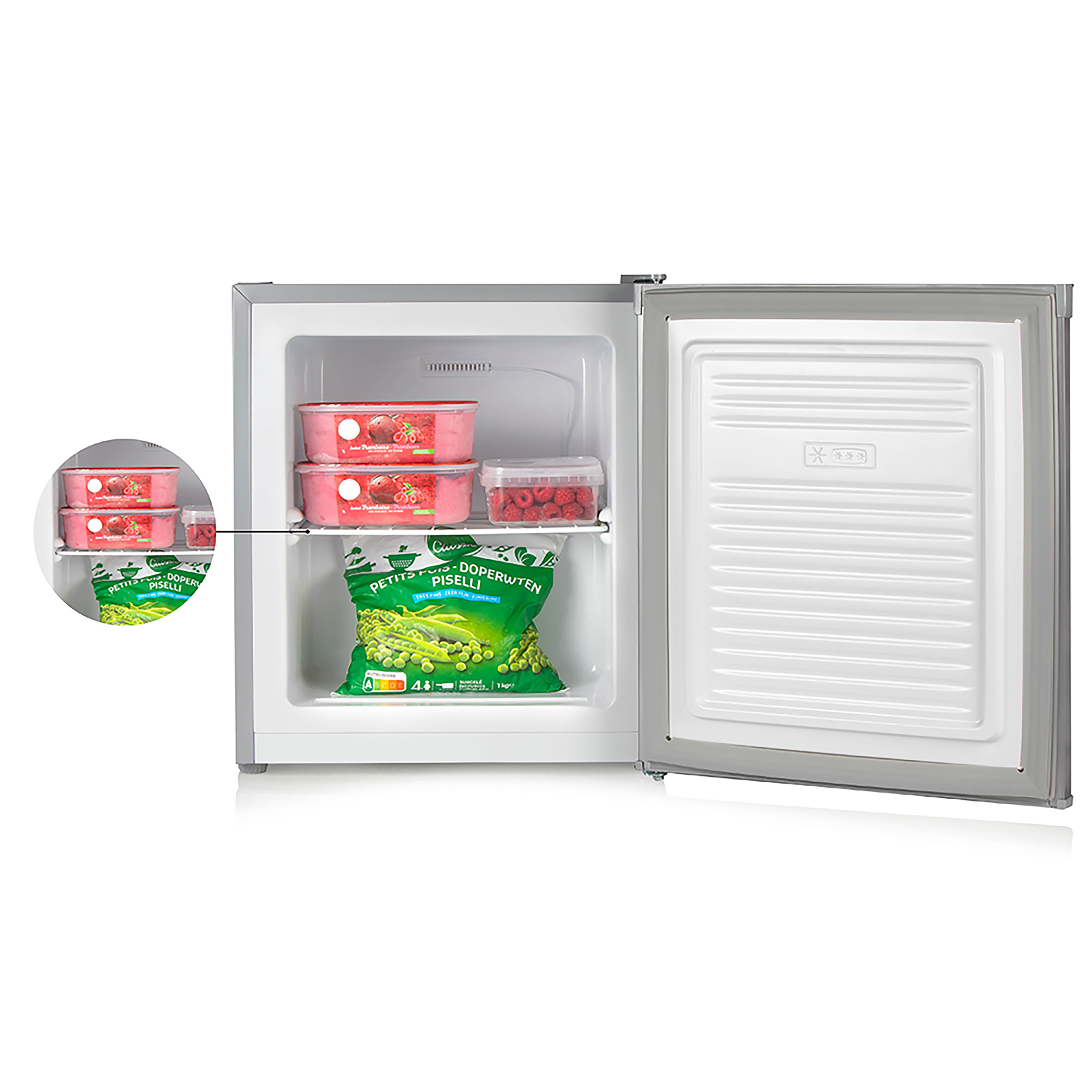 Kühlschrank mit offener Tür, zeigt Tiefkühlkost und Eiscreme in Behältern.