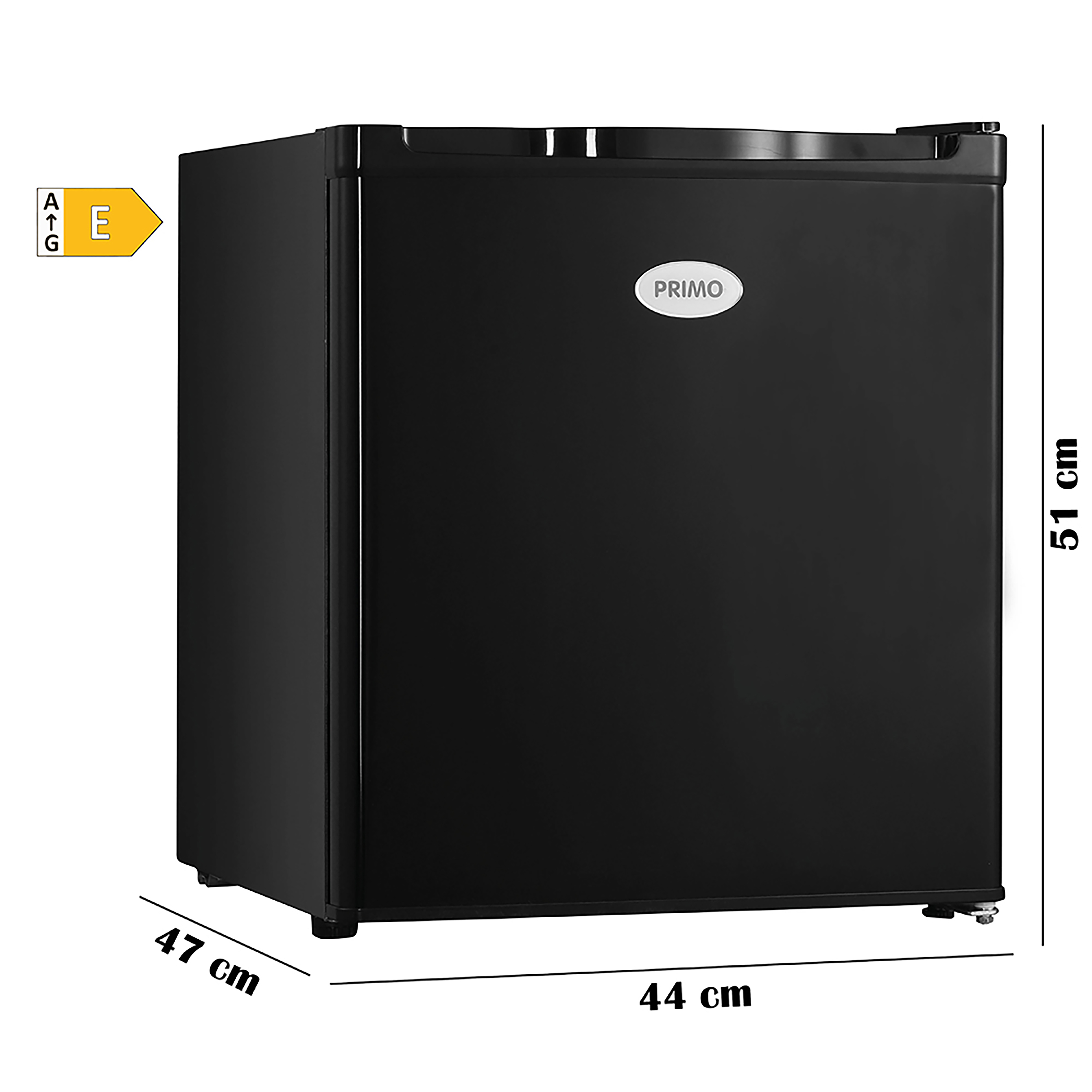 Schwarzer Mini-Kühlschrank mit Maßangaben: 47cm, 44cm und 51cm. Energieeffizienzklasse E.