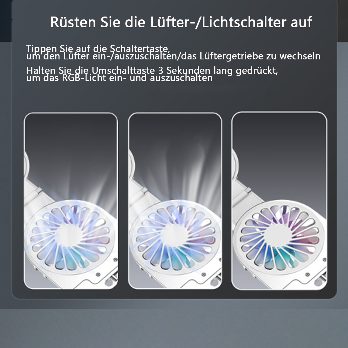 Diagramm, das die Funktionen des Lüfter- und Lichtschalters mit deutschem Text zeigt. Drei Lüfterzustände.