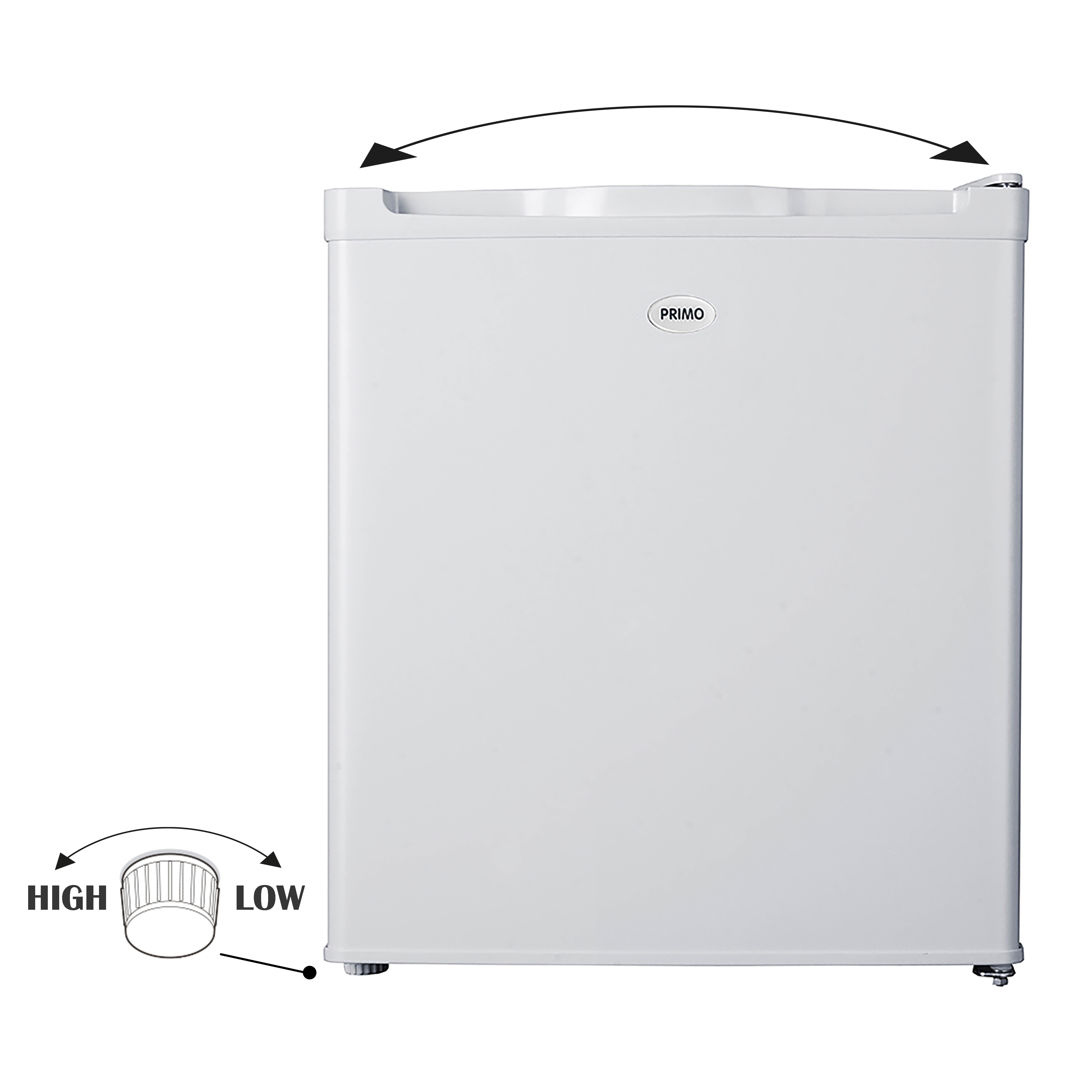 Weißer Primo Mini-Kühlschrank mit Temperaturregler. Pfeile zeigen hohe und niedrige Einstellungen an.