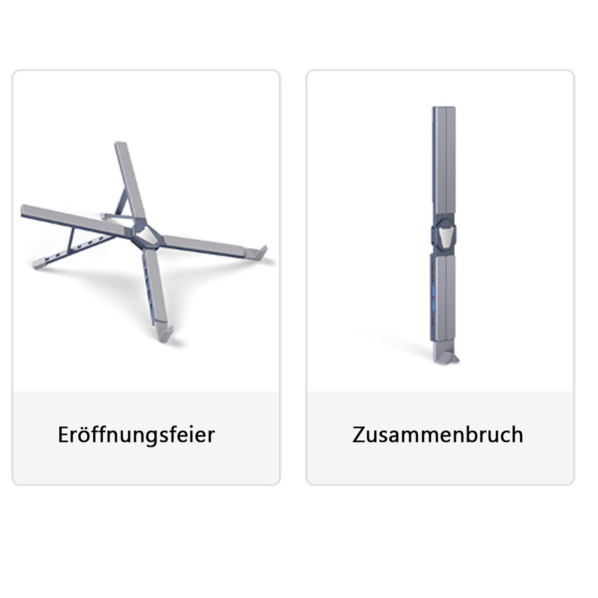 Zwei Bilder von Gerätekomponenten; eines zeigt einen offenen Rahmen.