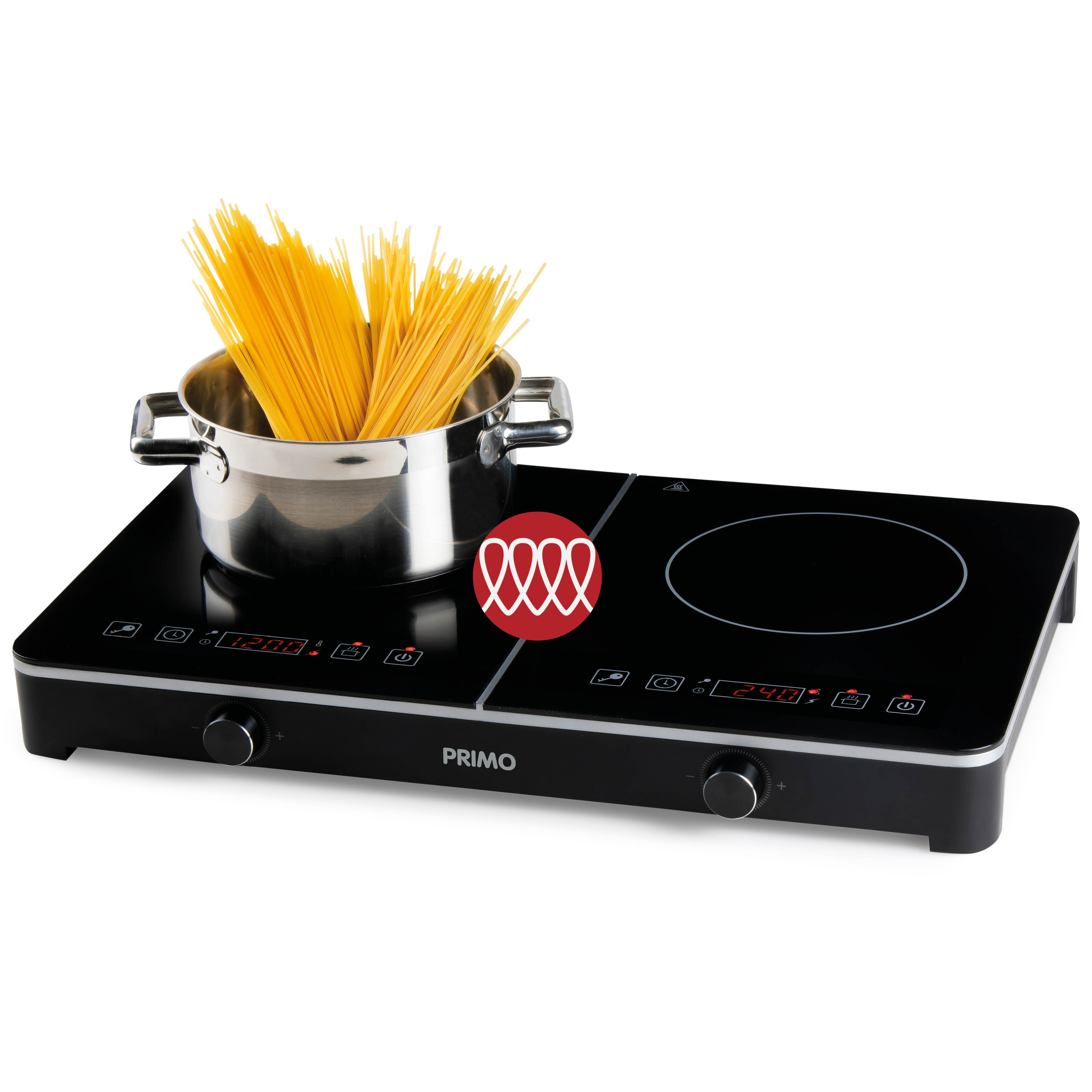 Zwarte dubbele inductiekookplaat met spaghetti in een pan aan één kant.