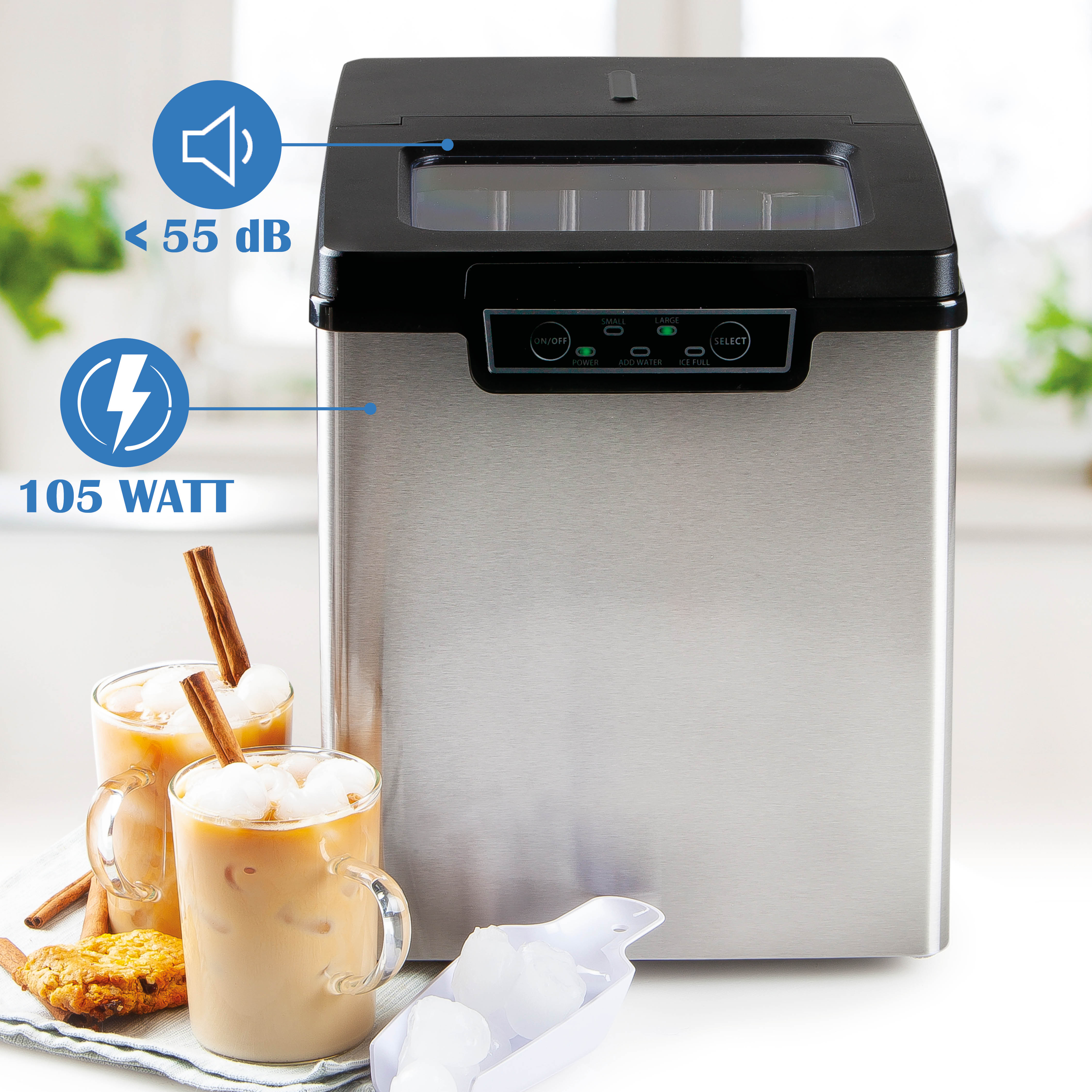 Silberner Eisbereiter mit schwarzem Deckel. Icons zeigen 105W und 55dB. Eiskaffee-Getränke im Vordergrund.