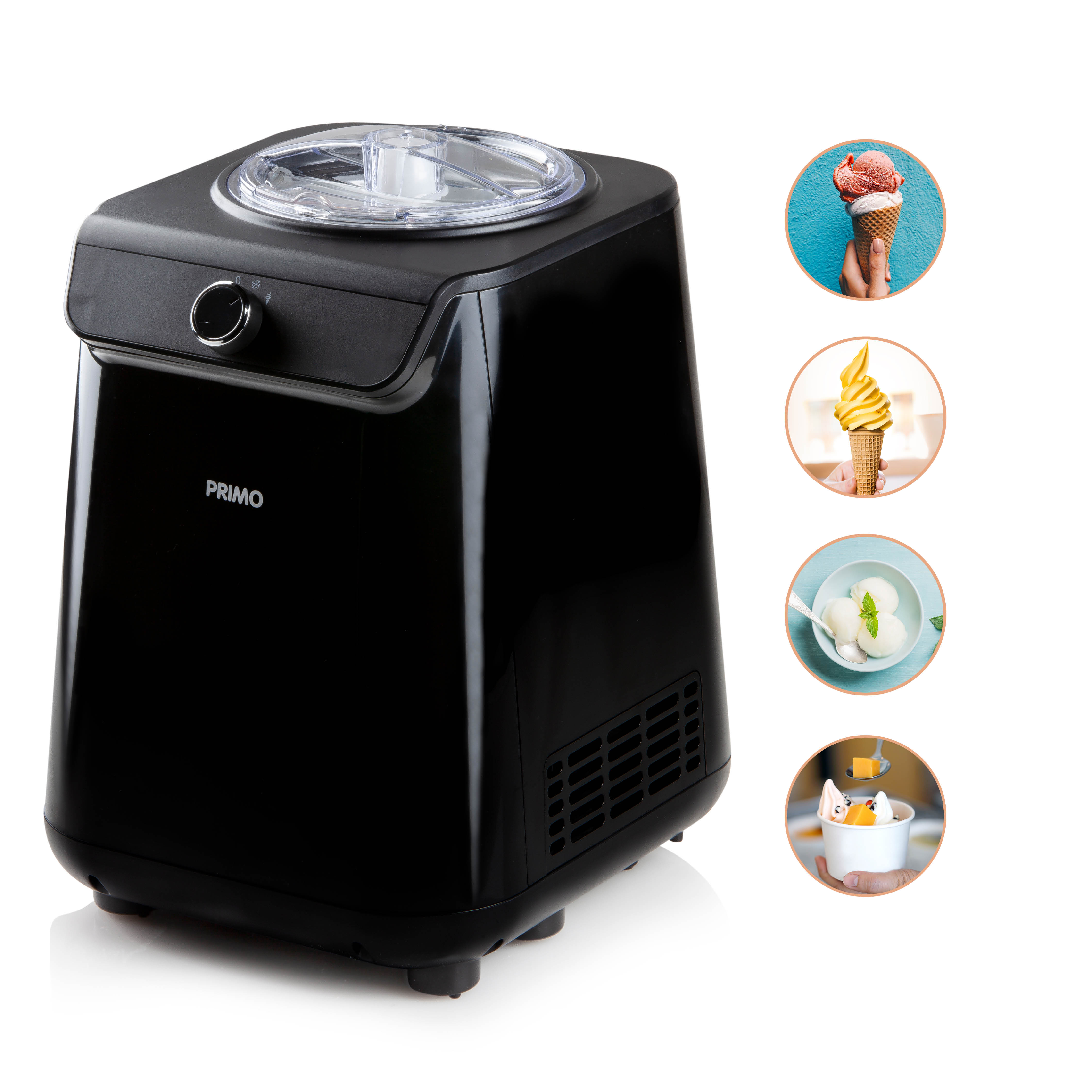 Black ice cream maker with pictures of ice cream cones and bowls.
