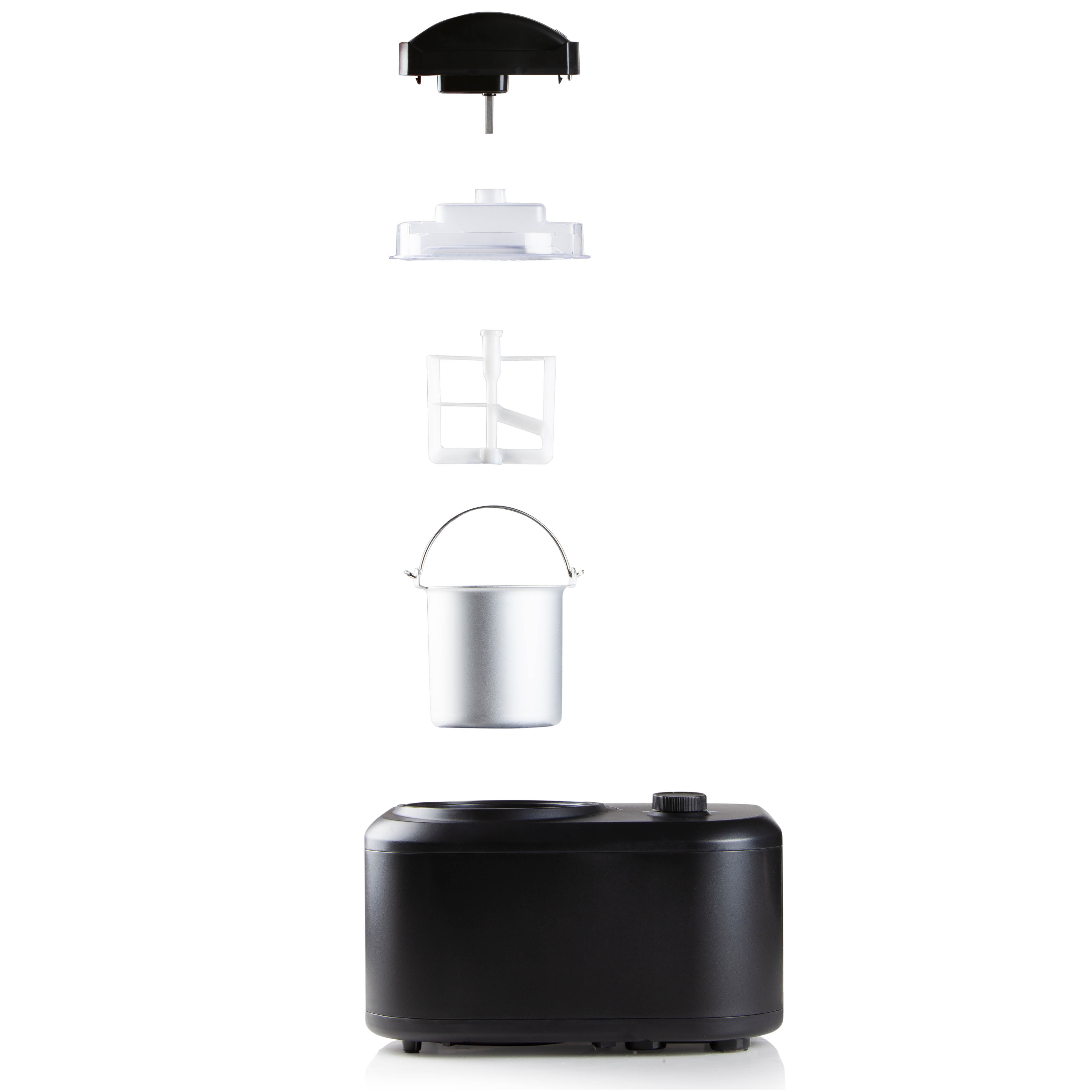 Exploded view van een ijsmachine, met zijn verschillende gedemonteerde onderdelen.