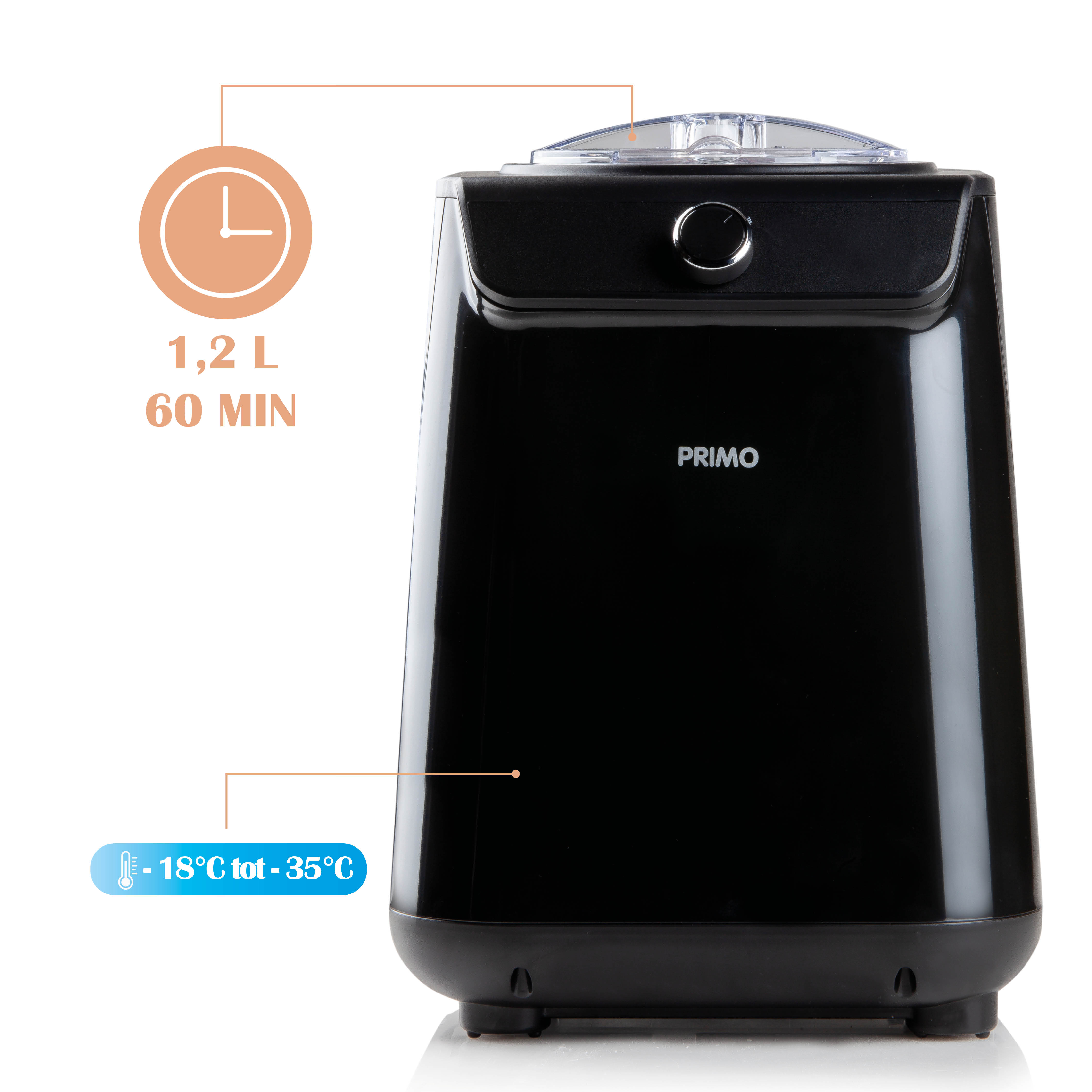 Black ice cream maker with the text 'PRIMO', and information about time and temperature displayed.
